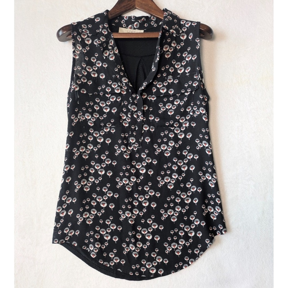 LOFT Sleeveless Blouse Women Small Black Floral Split Neck Mixed Media Top